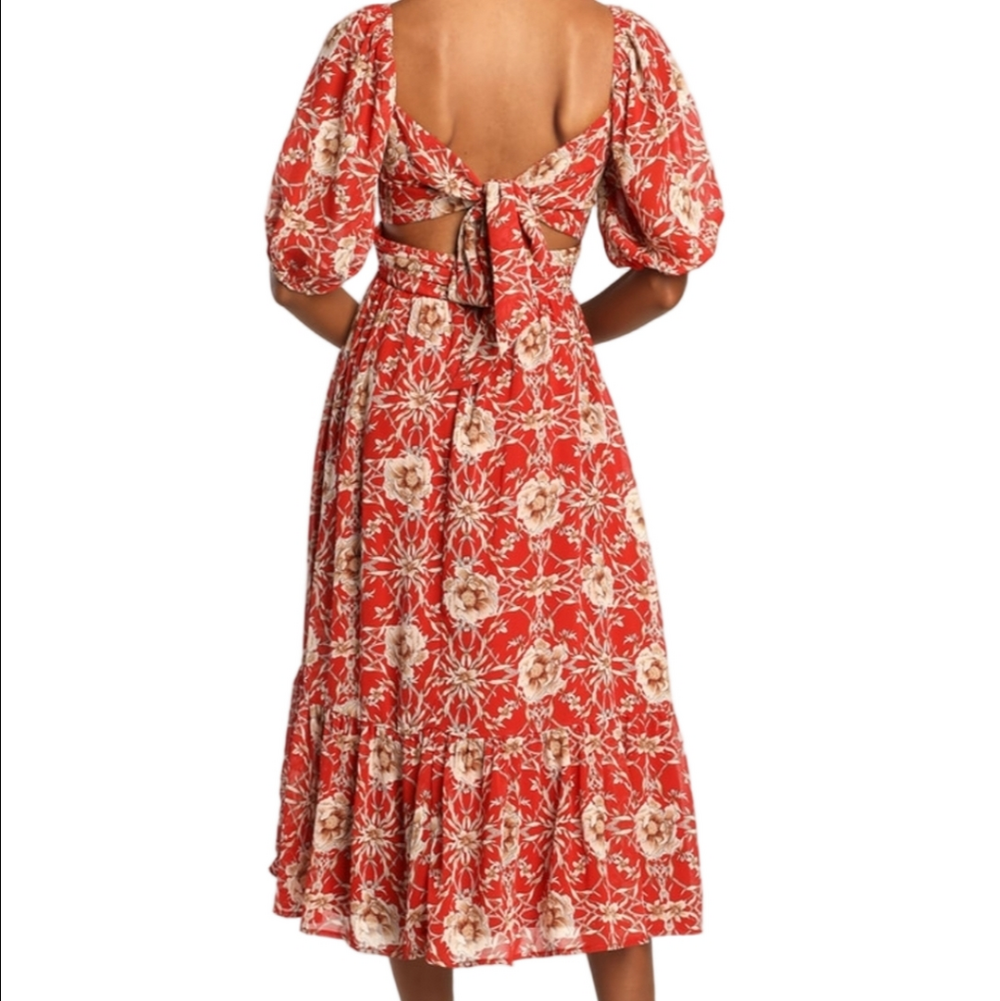 NWT Lulu's Daily Daydream Rust Red & Tan Floral Print Puff Sleeve Midi Dress